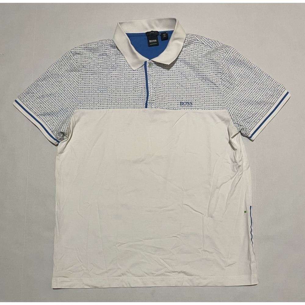 Hugo Boss Polo Shirt Mens Slim Fit White Blue Cotton Stretch‎ Golf Polo Outdoor